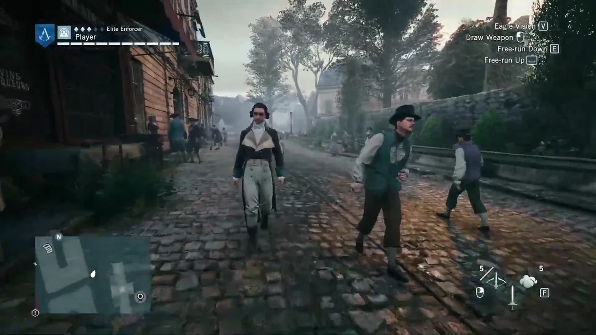 First-person view down a tree-lined cobblestone street in Assassin's Creed Unity, with Parisians walking toward the camera