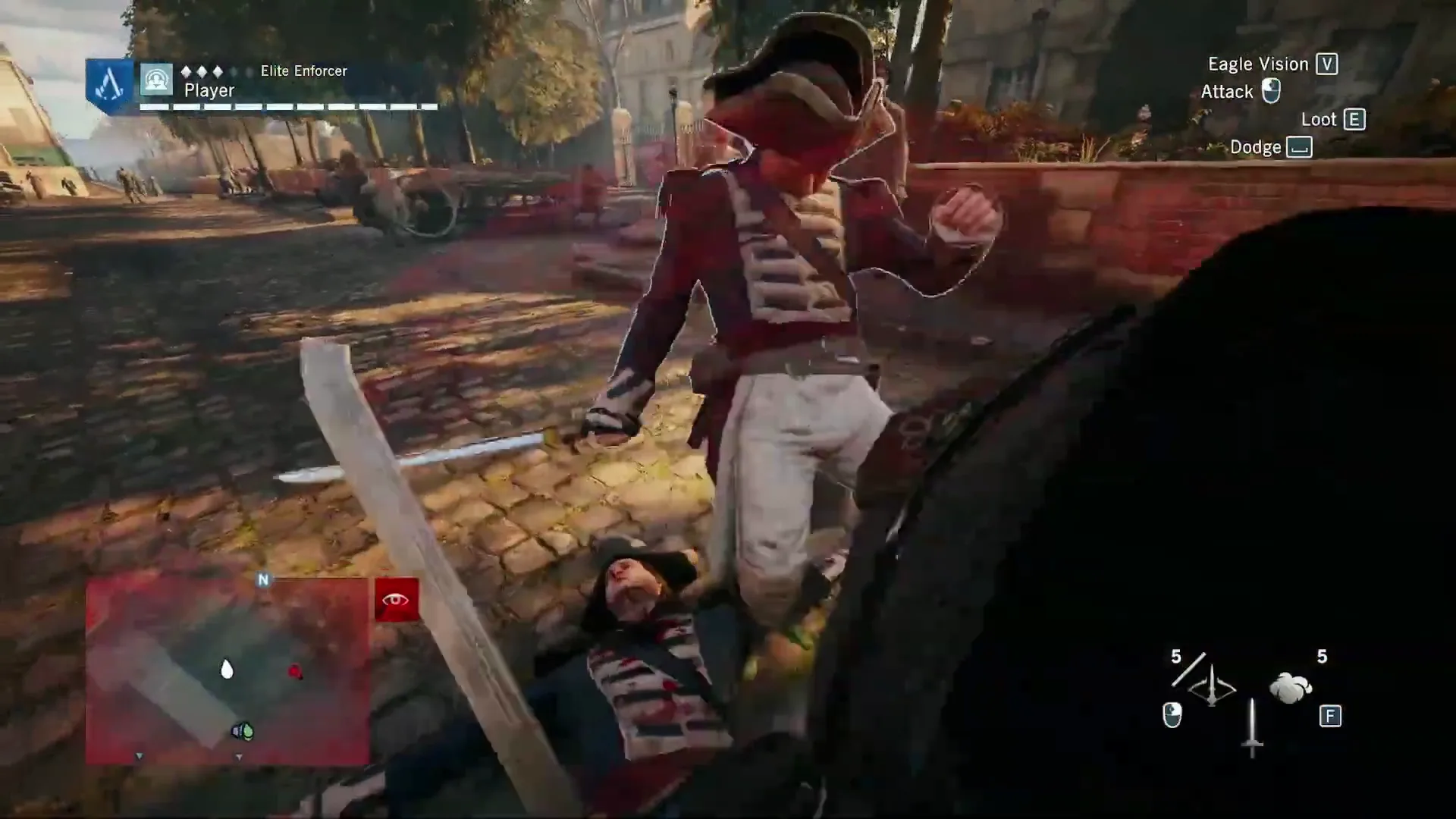 First-person sword fight in Assassin's Creed Unity, a red-coated guard closes in on Arno, a fallen soldier at his feet