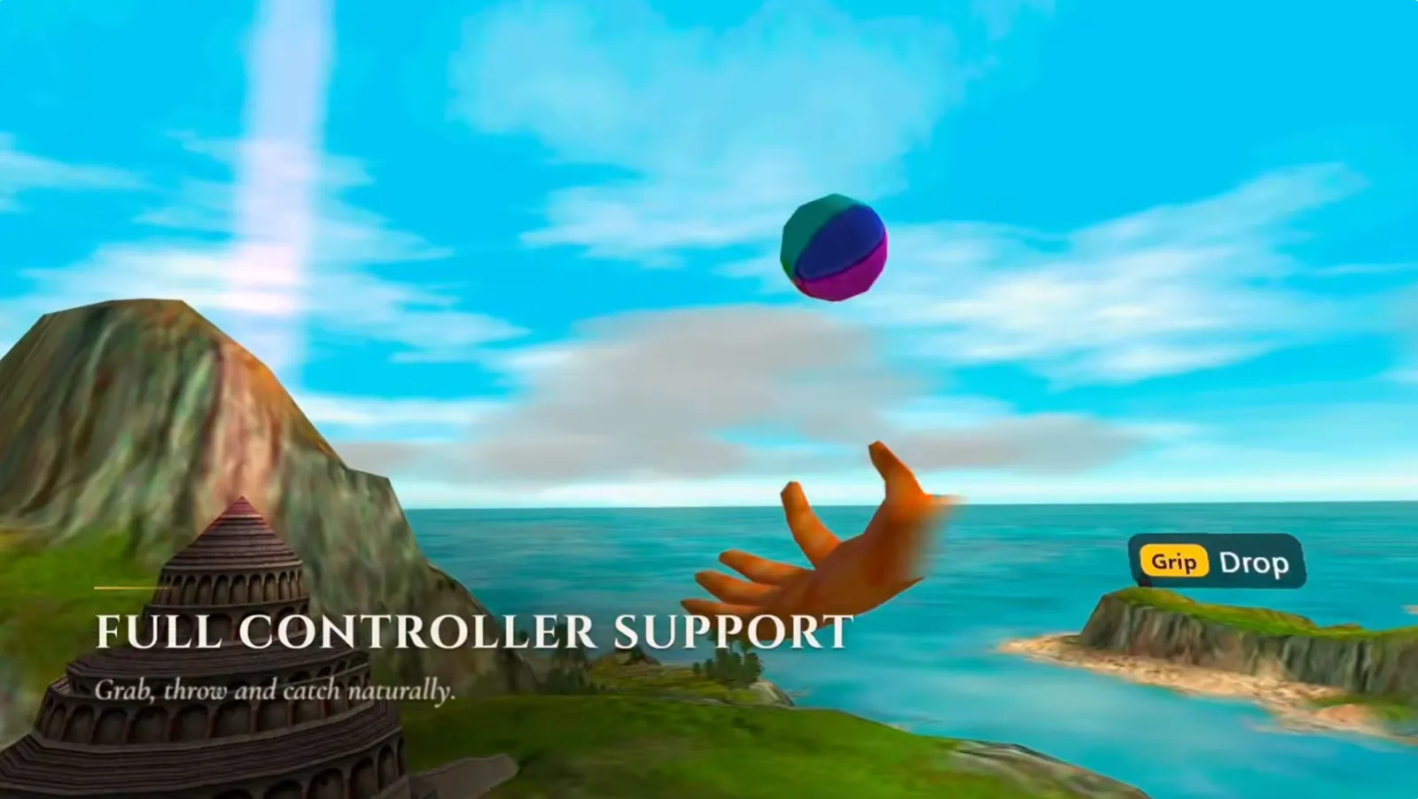 The Hand, in VR, with a ball in the air above it, over the sea beside the Temple, with the title "Full controller support: Grab, throw and catch naturally."