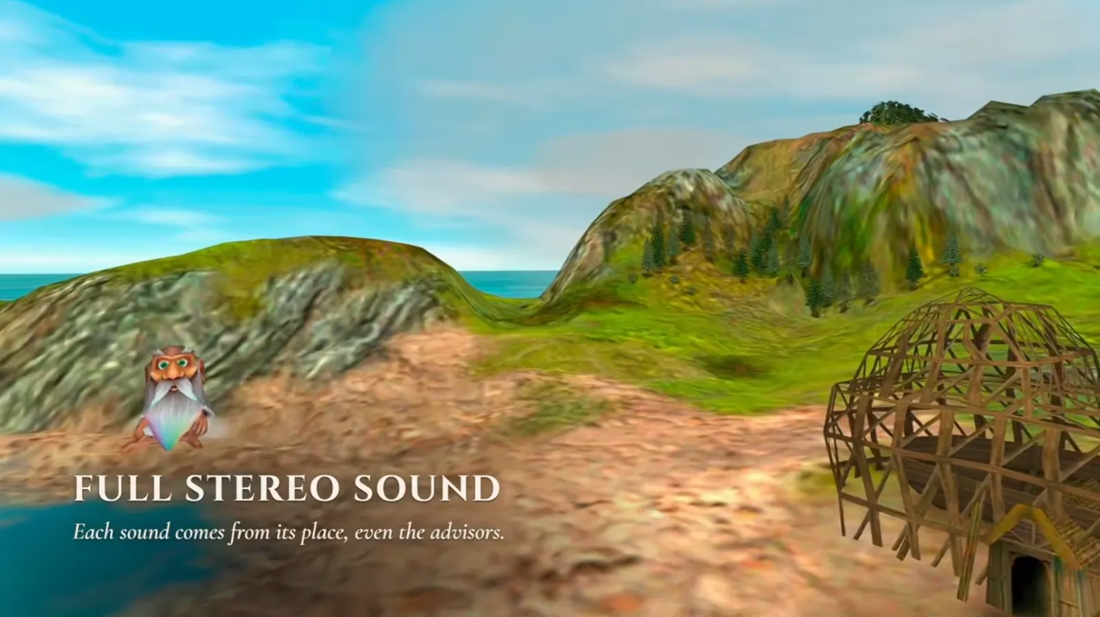 An advisor floating on the left of a hillside view, with the title "Full stereo sound: Each sound comes from its place, even the advisors."
