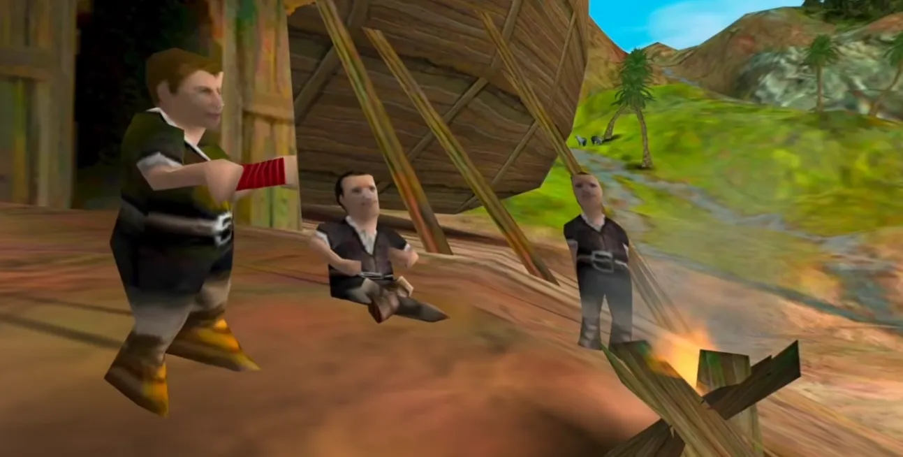 Three villagers beside a campfire in an original Black & White village, seen in VR
