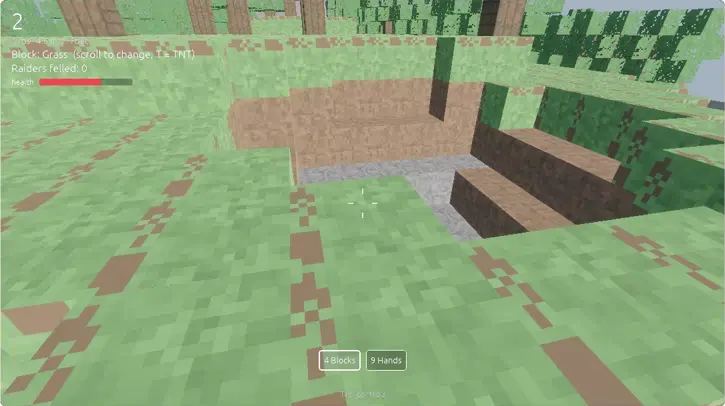 Blockrealm browser tribute: dug pit revealing dirt and stone under grass, Blocks/Hands hotbar