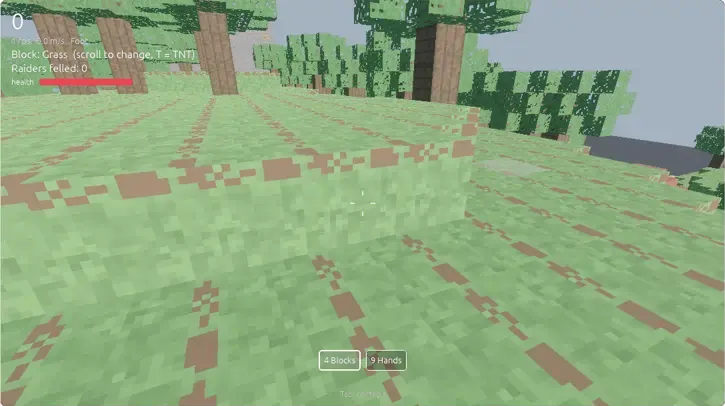 Blockrealm: first-person grassy voxel overlook with Block Grass selected