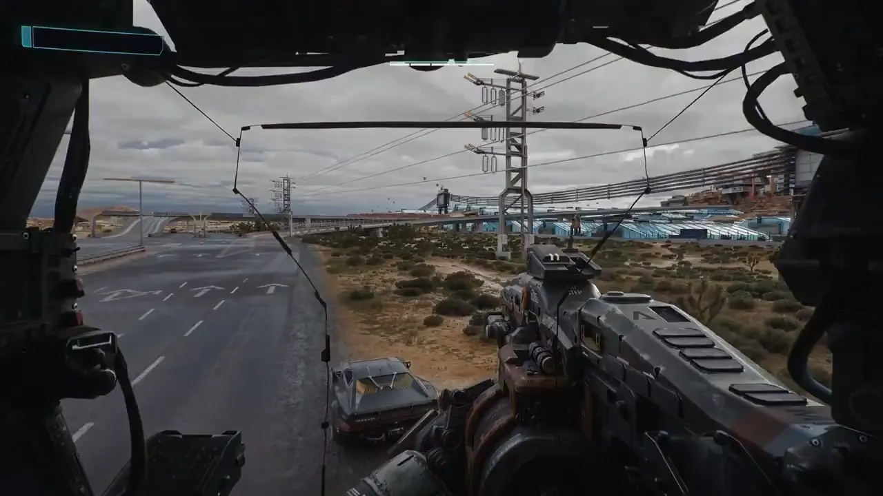 First-person view from inside BT's cockpit frame toward a Badlands highway and parked Quadra