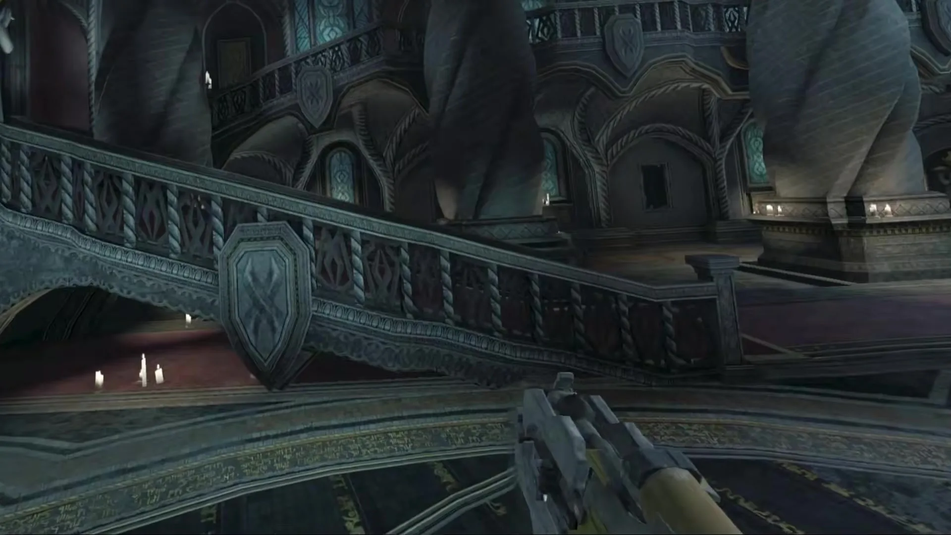 A plasma cutter held in a tracked hand aimed across the ornate balcony of the Unitologist church
