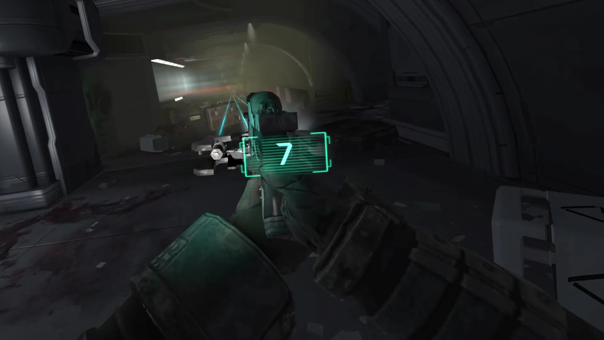 A plasma cutter in a tracked hand with a floating ammo counter reading 7 in a dim, bloodied room