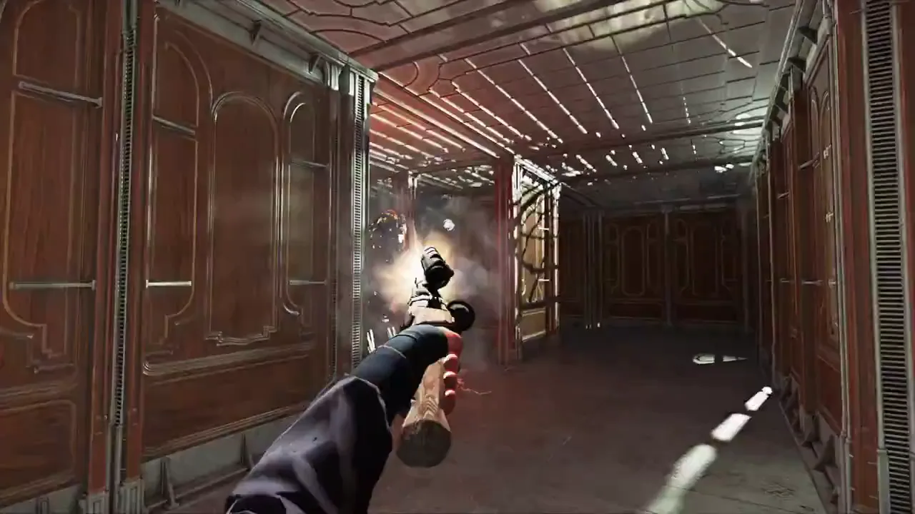 First-person view down a wood-paneled corridor with a pistol firing from an outstretched arm