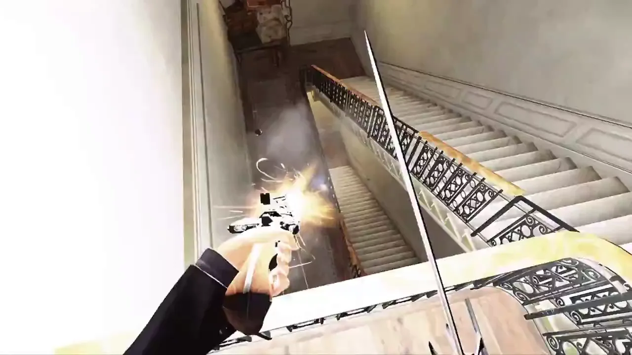 First-person view looking down a stairwell with iron railings, a pistol firing in the left hand and a sword blade on the right