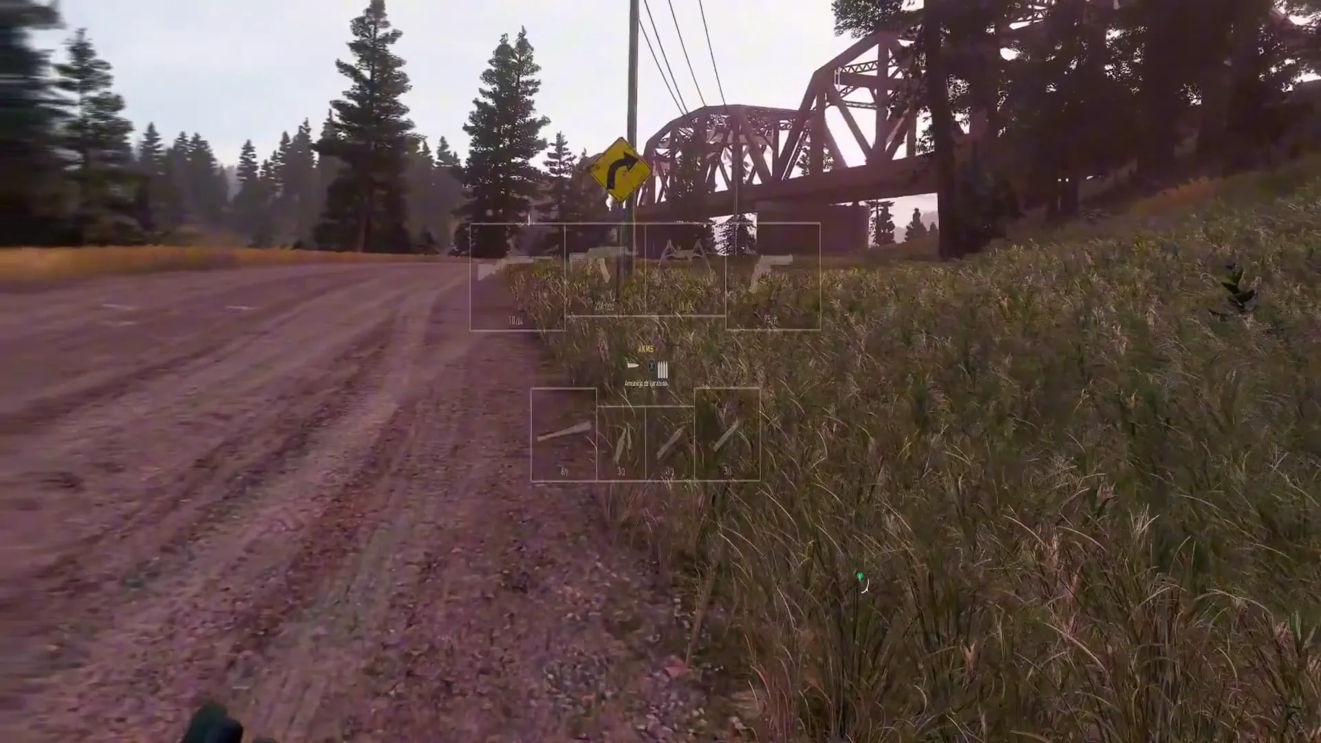 First-person view toward a truss bridge with a faint weapon-select overlay