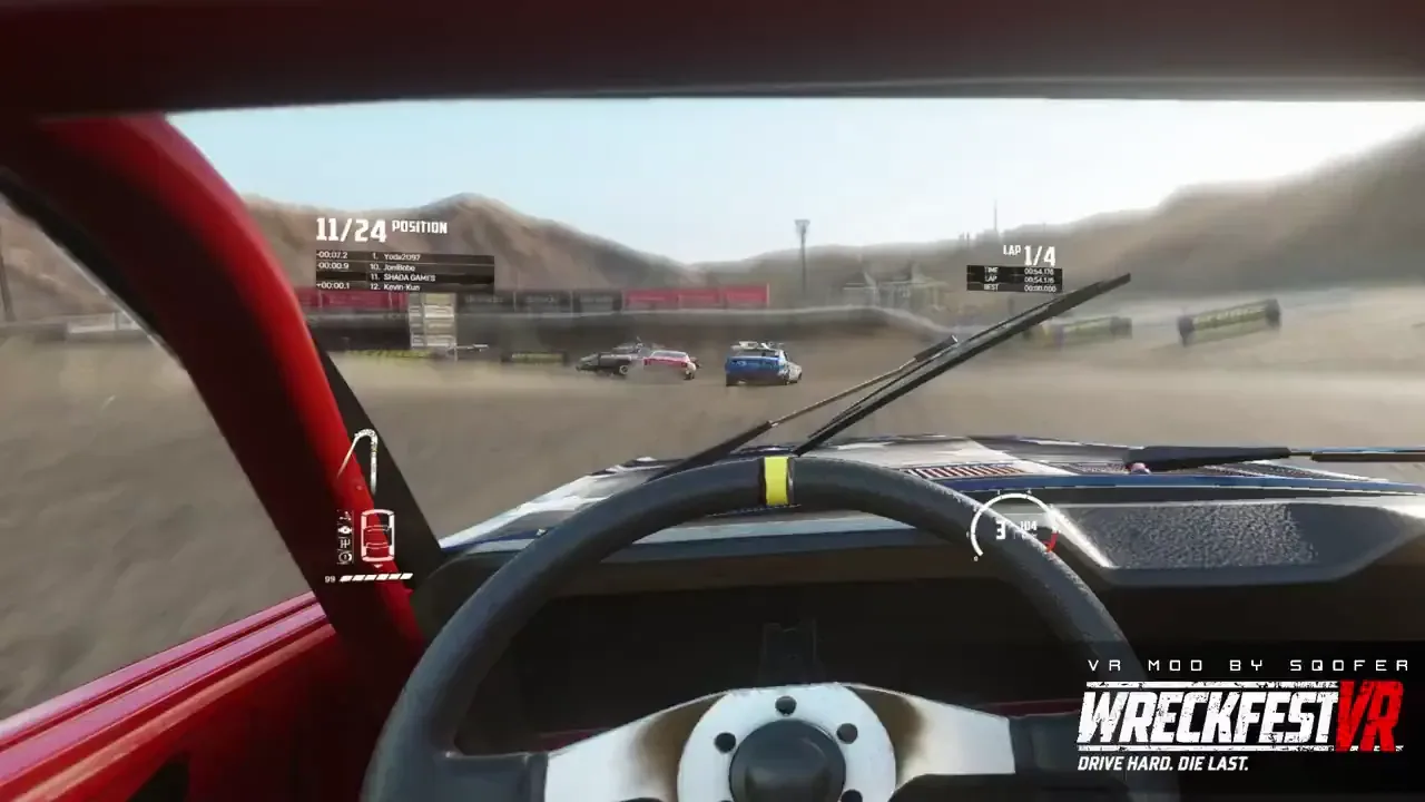 Cockpit view inside a Wreckfest car with a red roll cage on a dusty dirt oval, steering wheel in front, a wiper lying askew across the windscreen, three cars in the distance, an "11/24 Position" readout at upper left