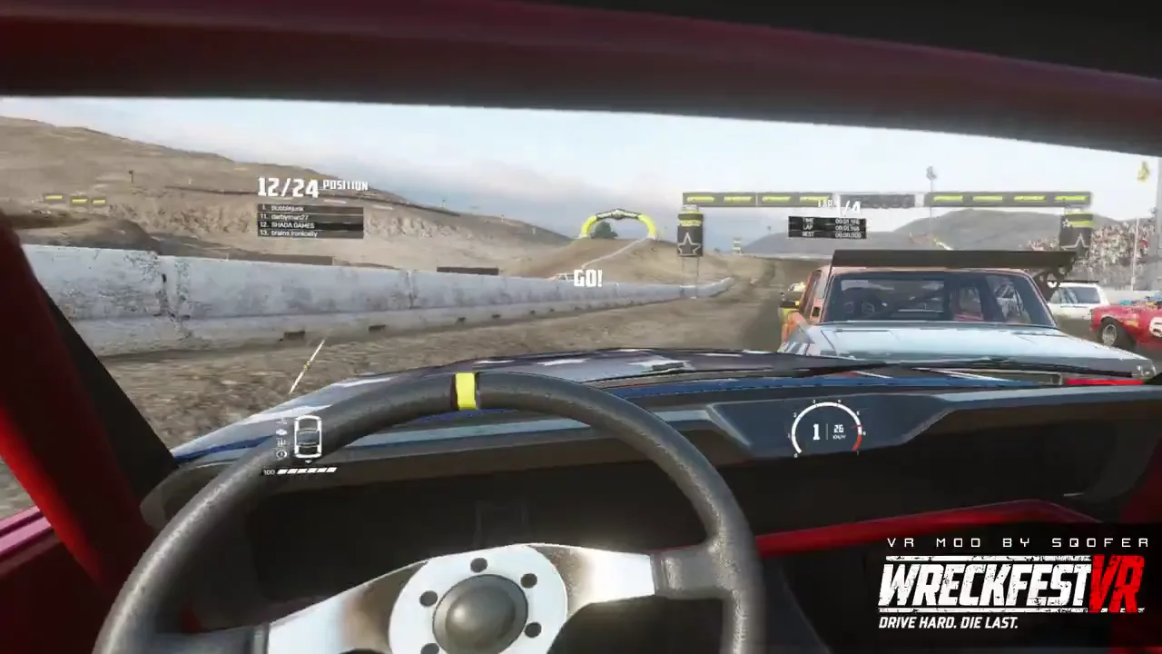Cockpit view inside a Wreckfest car with a red roll cage at a race start, "GO!" on screen and rival cars pulling away on a dirt track