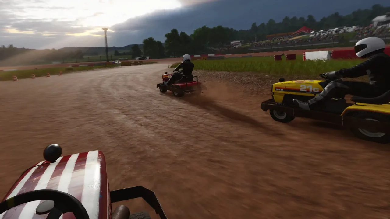 Wreckfest VR seat view on a riding lawn mower in a dirt-track race, a rider on a yellow mower numbered 21c alongside and another mower ahead