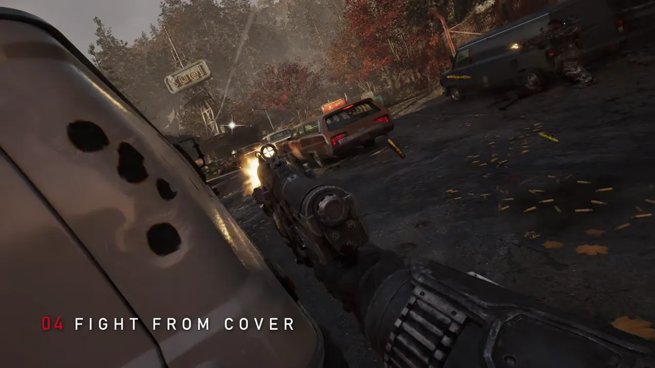 First-person view leaning out past a bullet-holed vehicle, firing a rifle down a road lined with cars