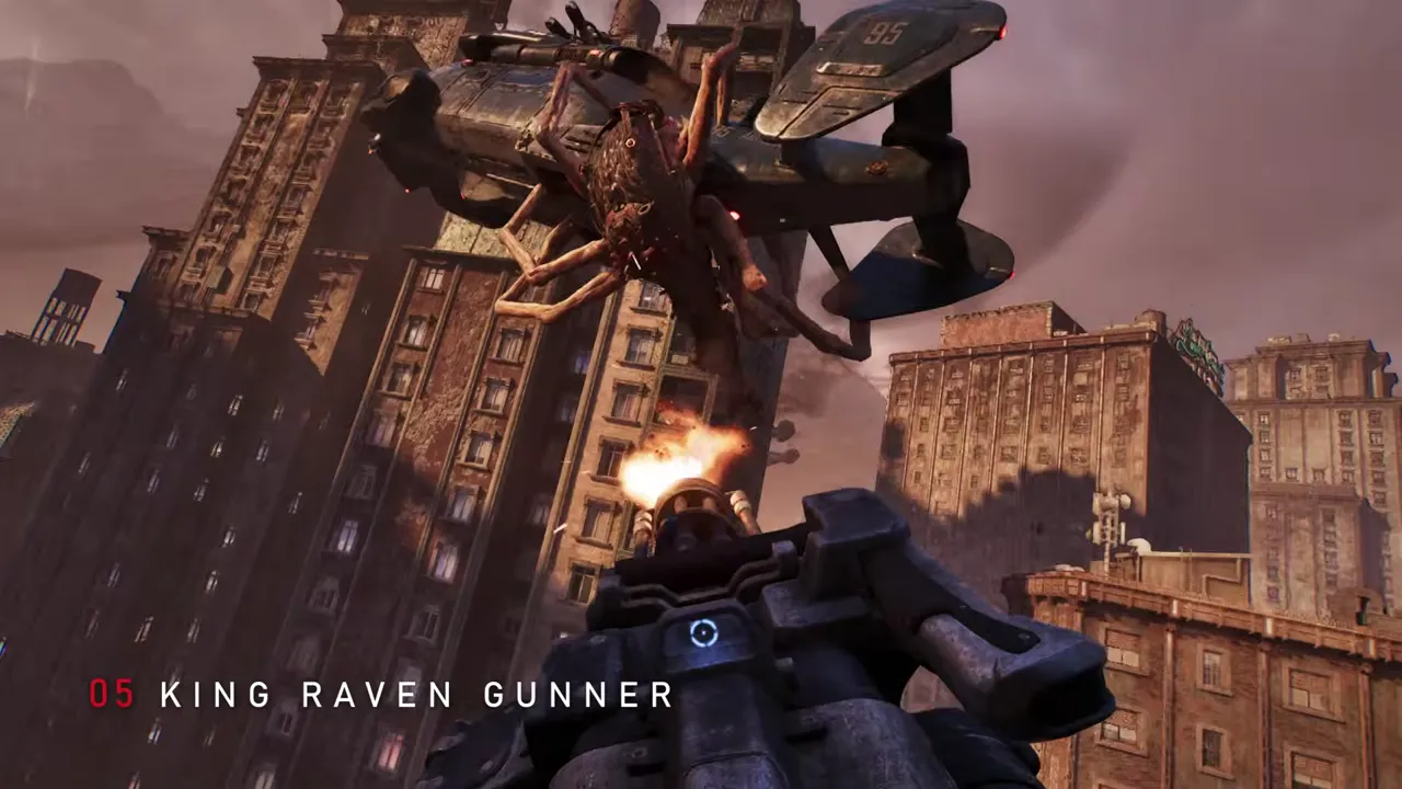 First-person view from a helicopter door gun, firing at a Locust creature clinging to a helicopter between tall brick buildings