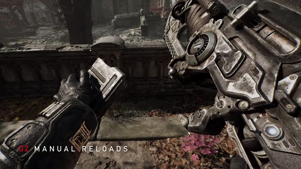 First-person view of a gloved left hand holding a Lancer magazine next to the rifle, over a stone balustrade
