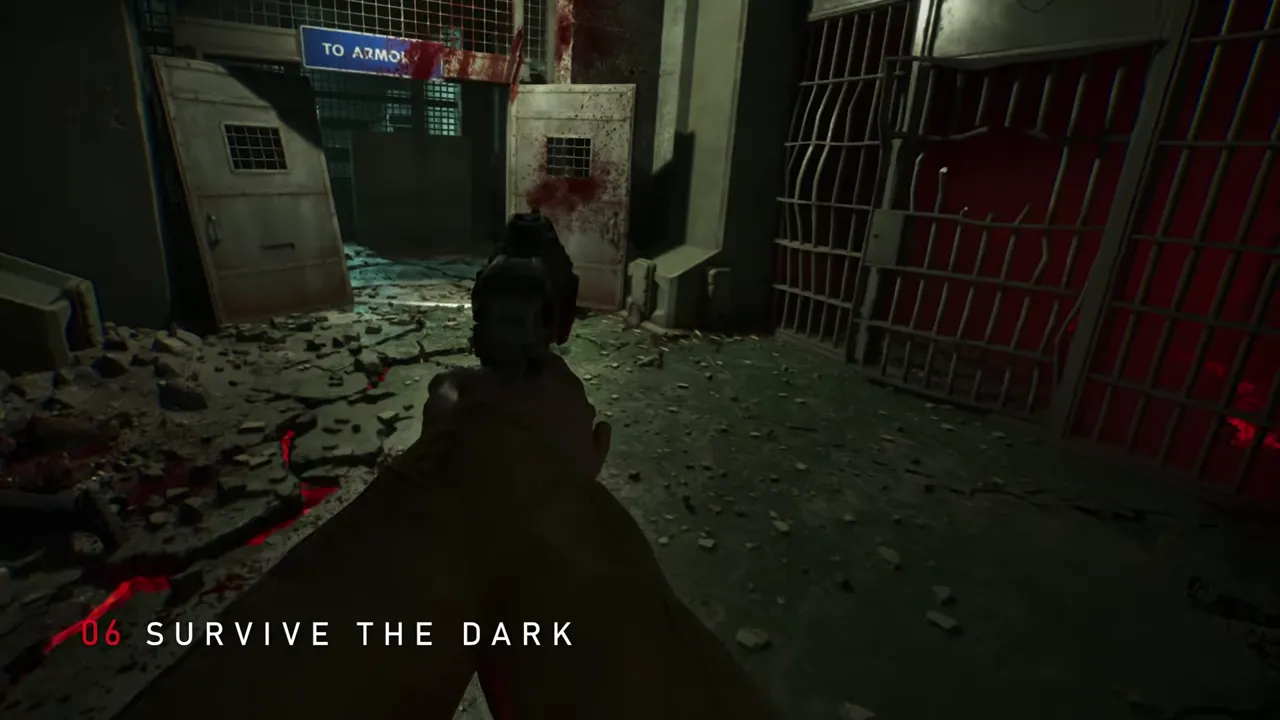 First-person pistol aimed down a dark, blood-streaked corridor lined with barred cells