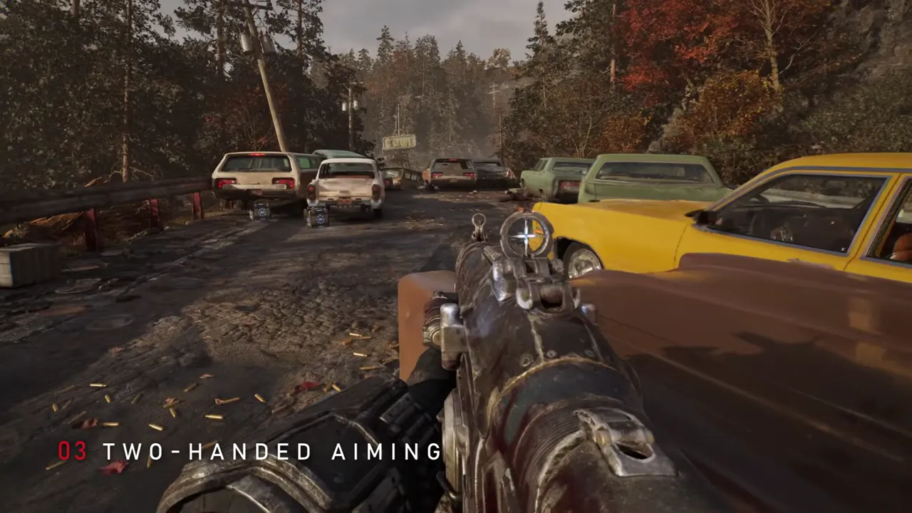 First-person Lancer aimed down a road lined with abandoned cars and autumn trees
