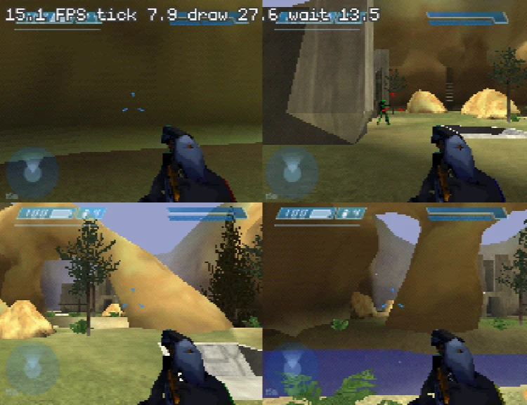 Four-player splitscreen on Battle Creek in Halo 64