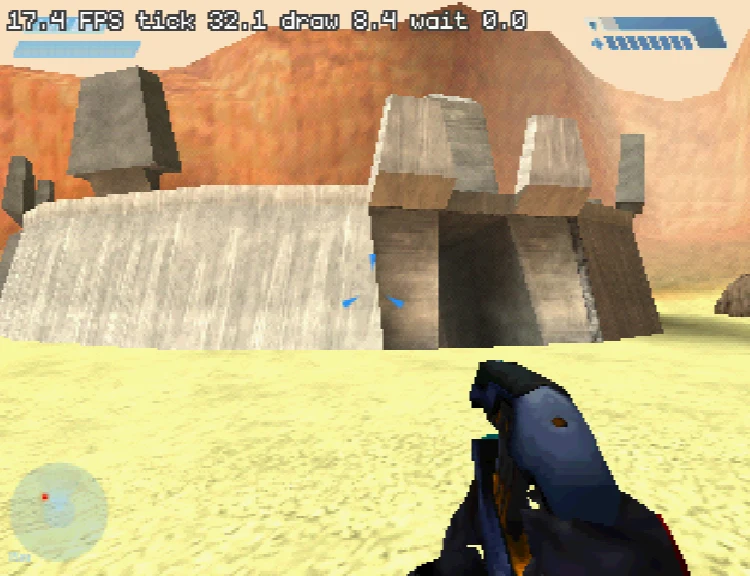 Blood Gulch in Halo 64 with AI bots, a Warthog, and the classic motion tracker