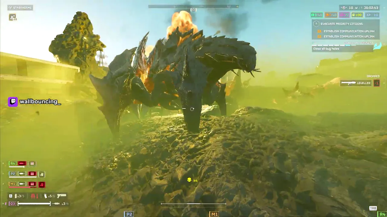 A Charger, a huge armored bug, stomping across a hazy yellow-green battlefield