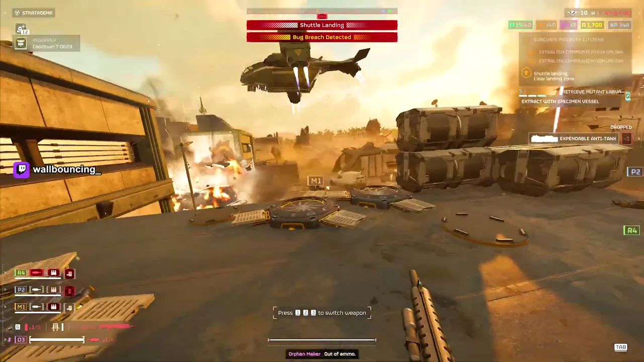 First-person view holding a rifle low while a dropship lands beside stacked cargo containers