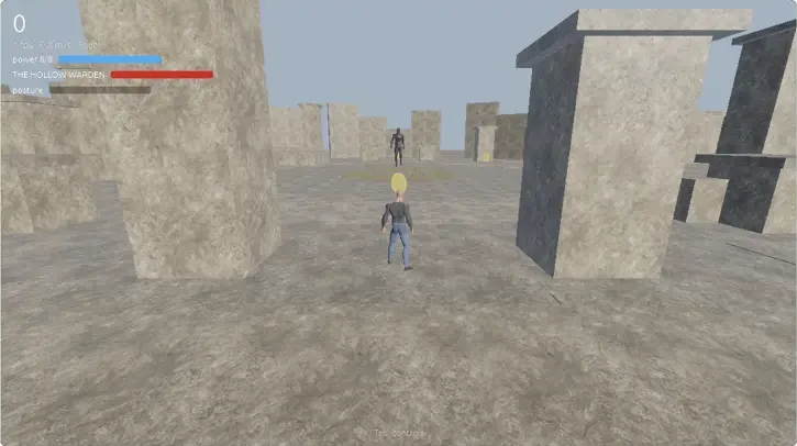 Hollow Warden browser tribute: third-person player facing dark boss among grey pillars