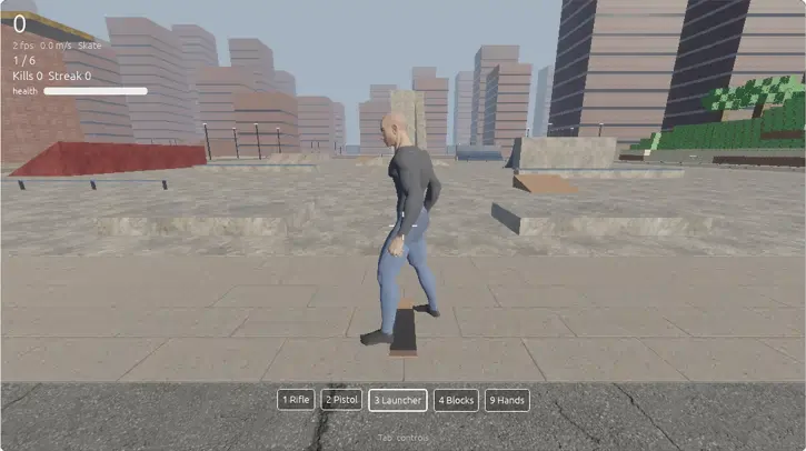 Kickflip Ops browser tribute: skater on board in city skatepark with Rifle/Pistol/Launcher hotbar