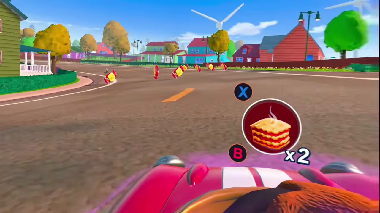 First-person view from the cockpit of a red kart on a suburban street, with a lasagna power-up icon floating ahead