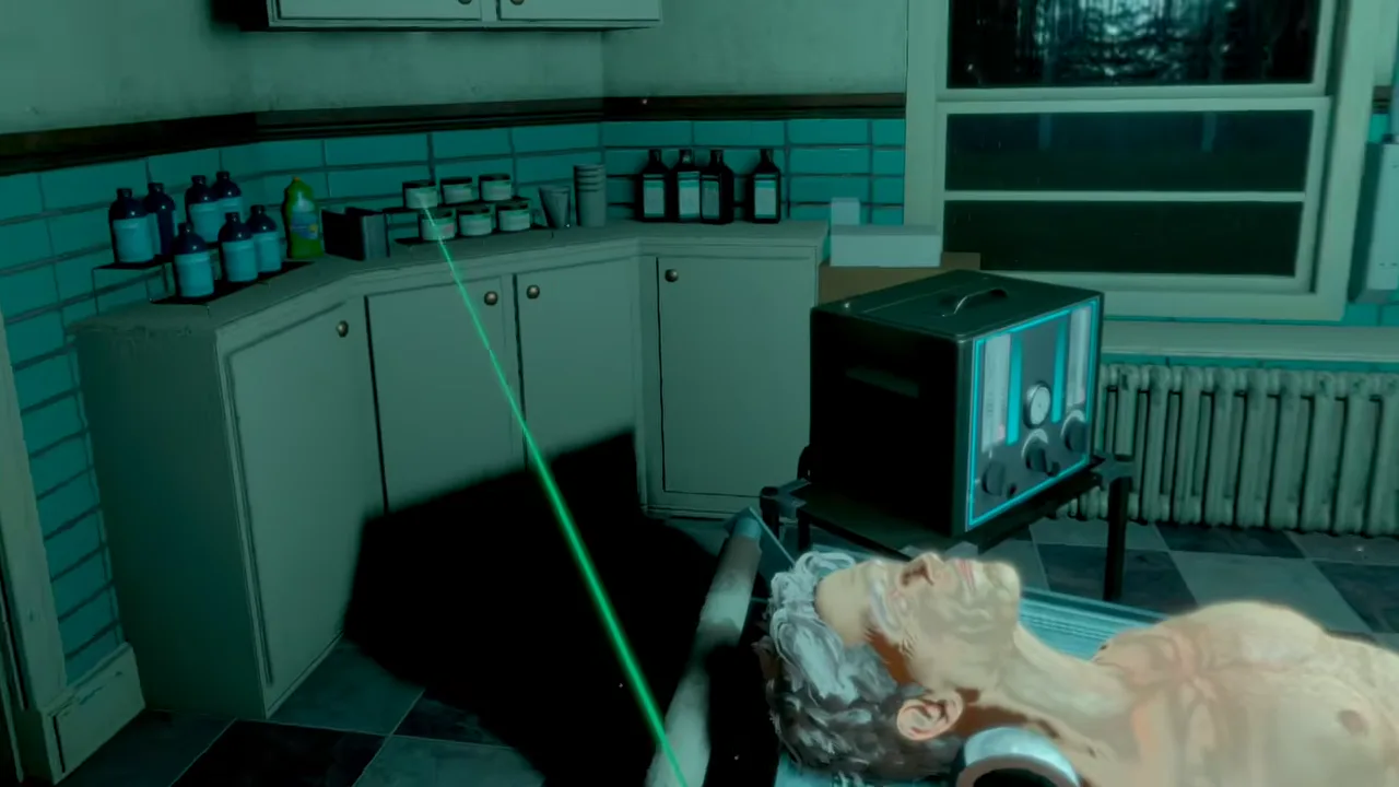 First-person view of a body on an embalming table with a thin green interaction laser pointing across the room