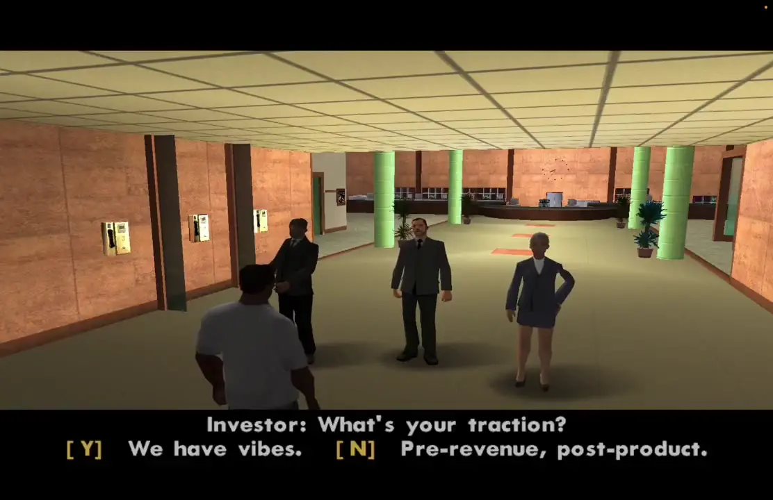 Three investors facing CJ with traction dialogue choices on screen