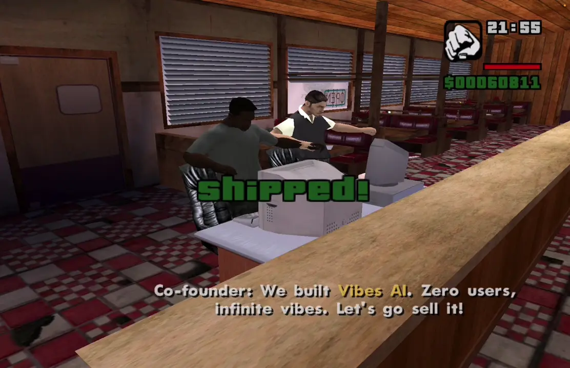 Shipped on screen in the diner as CJ and his co-founder celebrate Vibes AI with zero users, infinite vibes