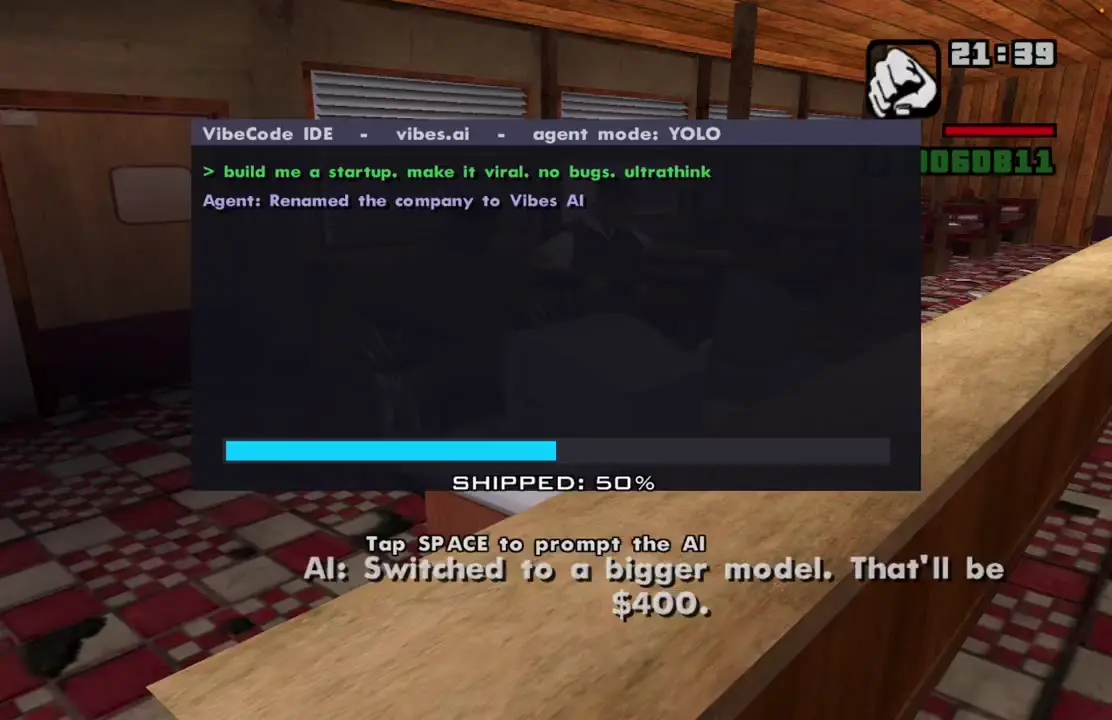 VibeCode IDE overlay in the diner with SHIPPED 50 percent and agent log text