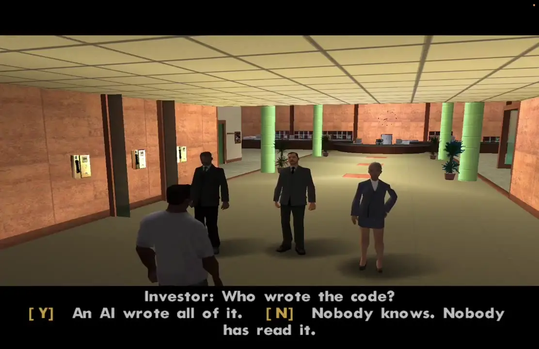 Investor dialogue asking who wrote the code with Y and N response choices