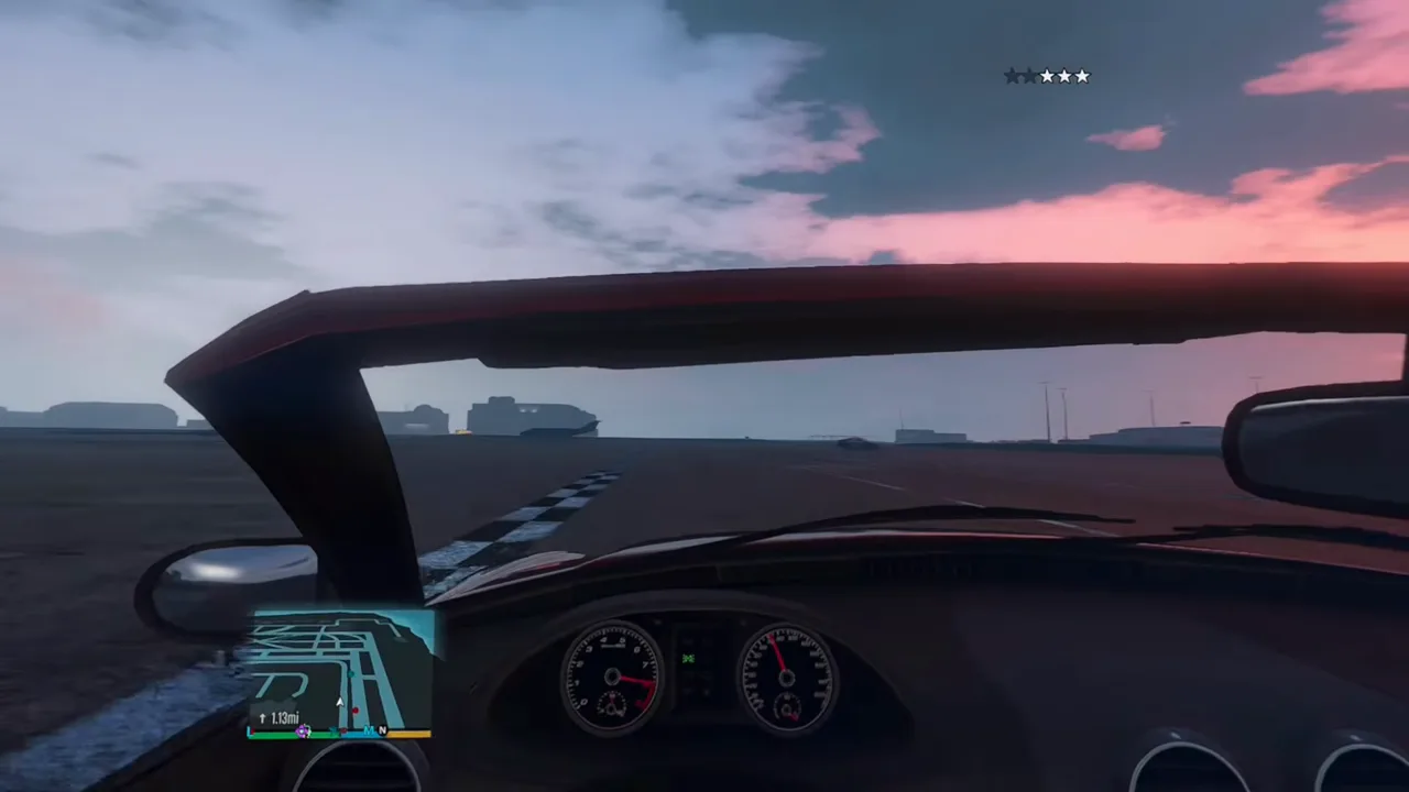 Driving a red convertible toward a pink sunset, seen from the driver's seat with the speedometer and minimap below