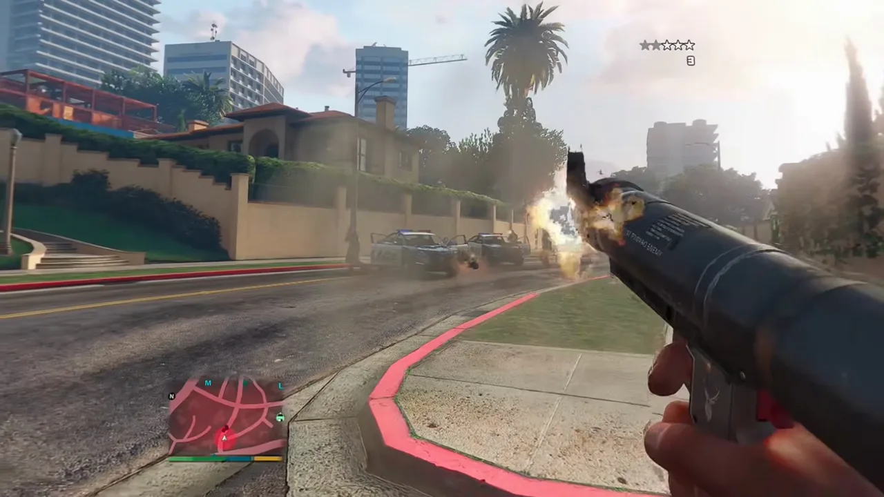 First-person view firing a rocket launcher down a Los Santos street lined with palm trees