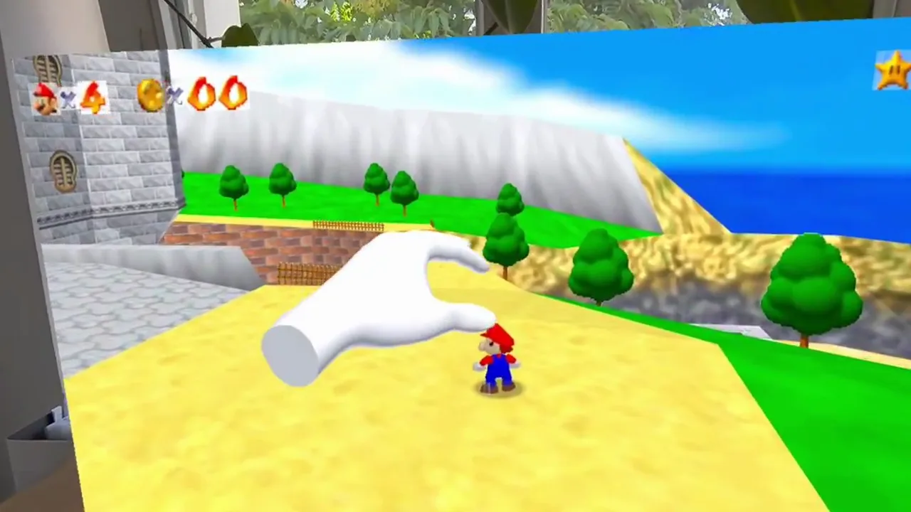 A white cartoon glove pinches Mario in front of Peach's Castle grounds, floating over a real windowsill