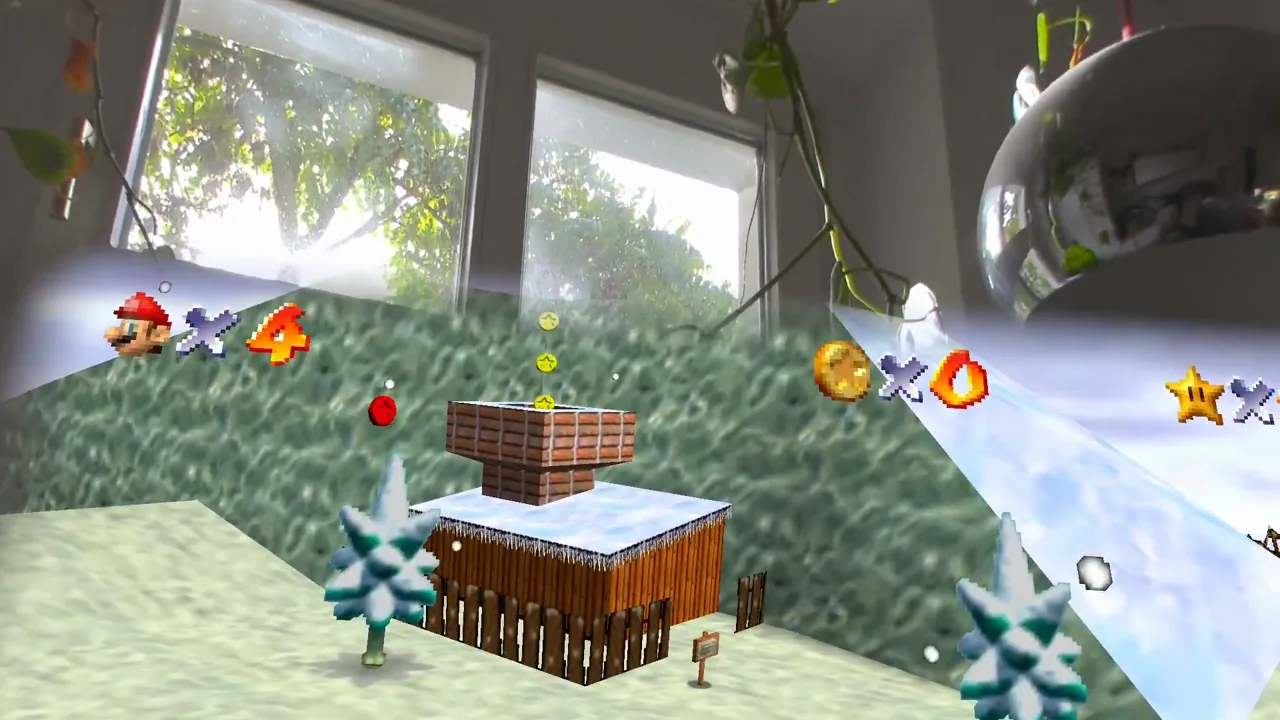 Snowy Cool Cool Mountain terrain and its log cabin rendered in front of a real window and desk