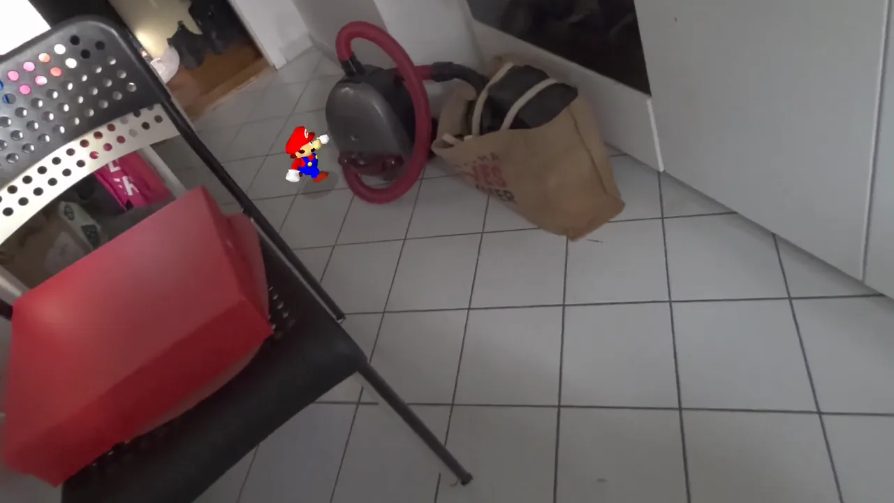 Mario runs across a tiled kitchen floor past a chair and a shopping bag