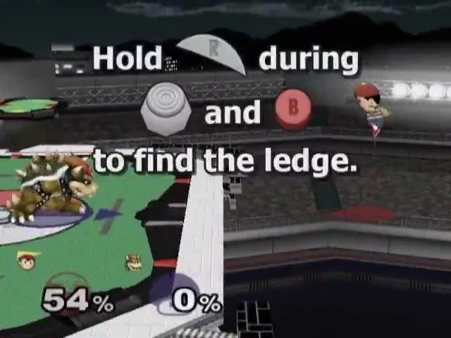 Bowser near the edge of a 3D Pokémon Stadium while Ness flies back toward the stage, under a caption about holding the Throttle to find the ledge