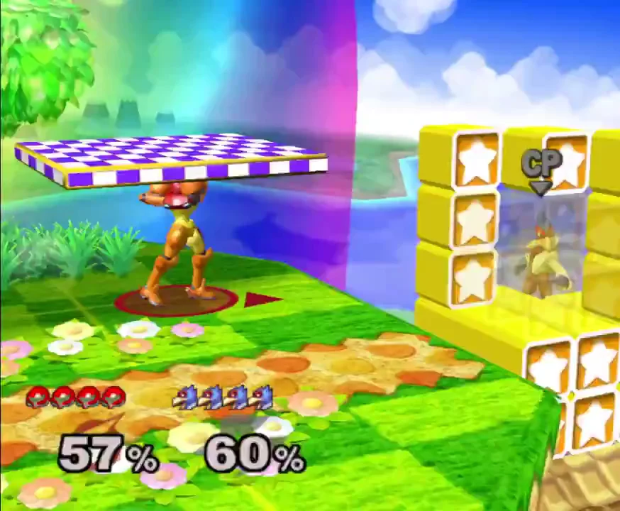 Samus standing under a purple-and-white checkered platform on Green Greens, with star blocks and a CPU fighter to her right and a rainbow behind