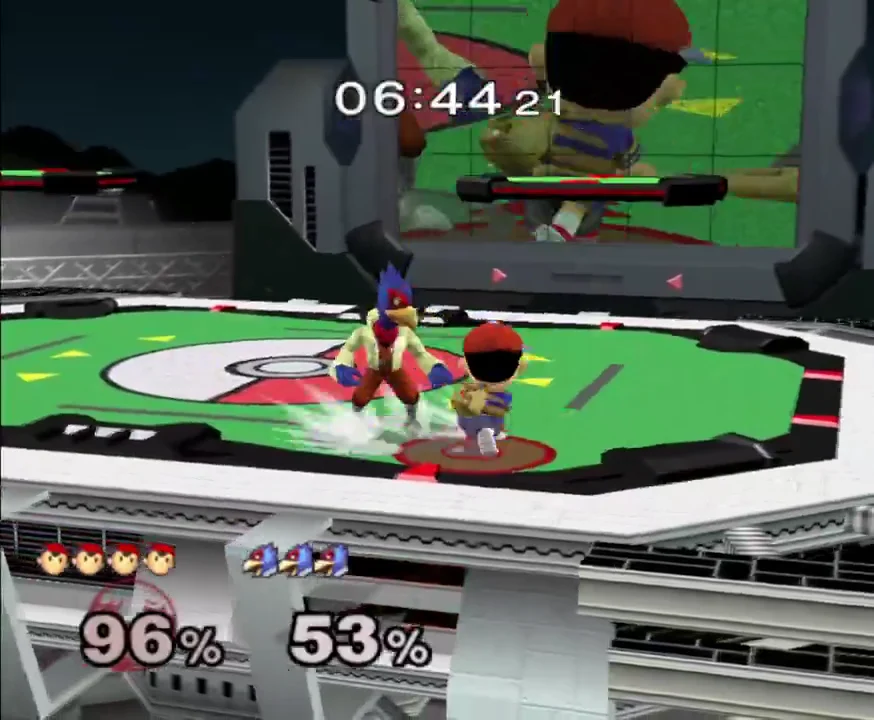Falco and Ness facing off in the middle of a 3D Pokémon Stadium, with the stage's big screen behind them