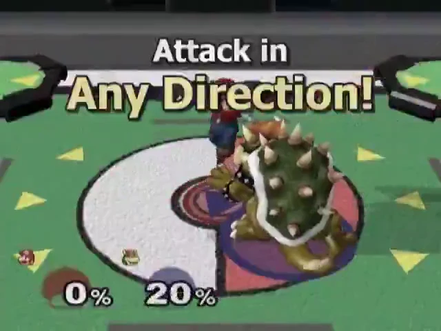 Bowser and Mario fighting in 3D on Pokémon Stadium under the caption "Attack in Any Direction!"