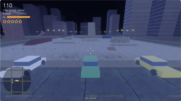 Night Swing browser tribute: teal boxy car between white and yellow cars in a night city plaza