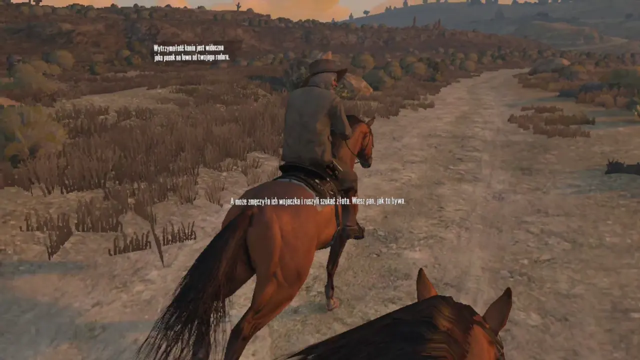 Riding a brown horse on a dirt trail behind another rider at sunset, with subtitles floating in the scene