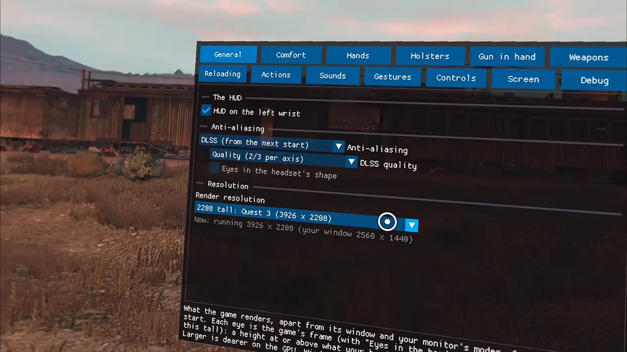 Blue tabbed VR settings panel floating over a desert railroad, with DLSS Quality and a 2208-tall Quest 3 render resolution selected
