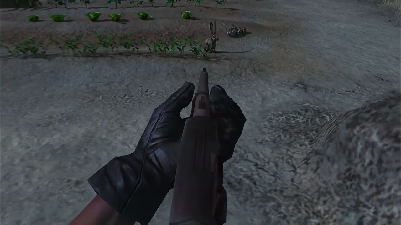 Two black-gloved hands holding a rifle pointed at two rabbits beside a vegetable garden