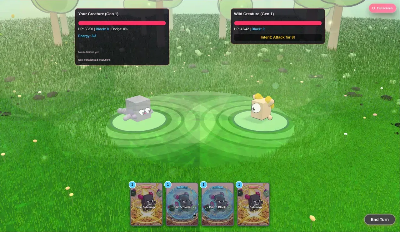Slay the Spore card battle: Gen 1 creatures, Attack and Defend cards, Intent Attack for 8