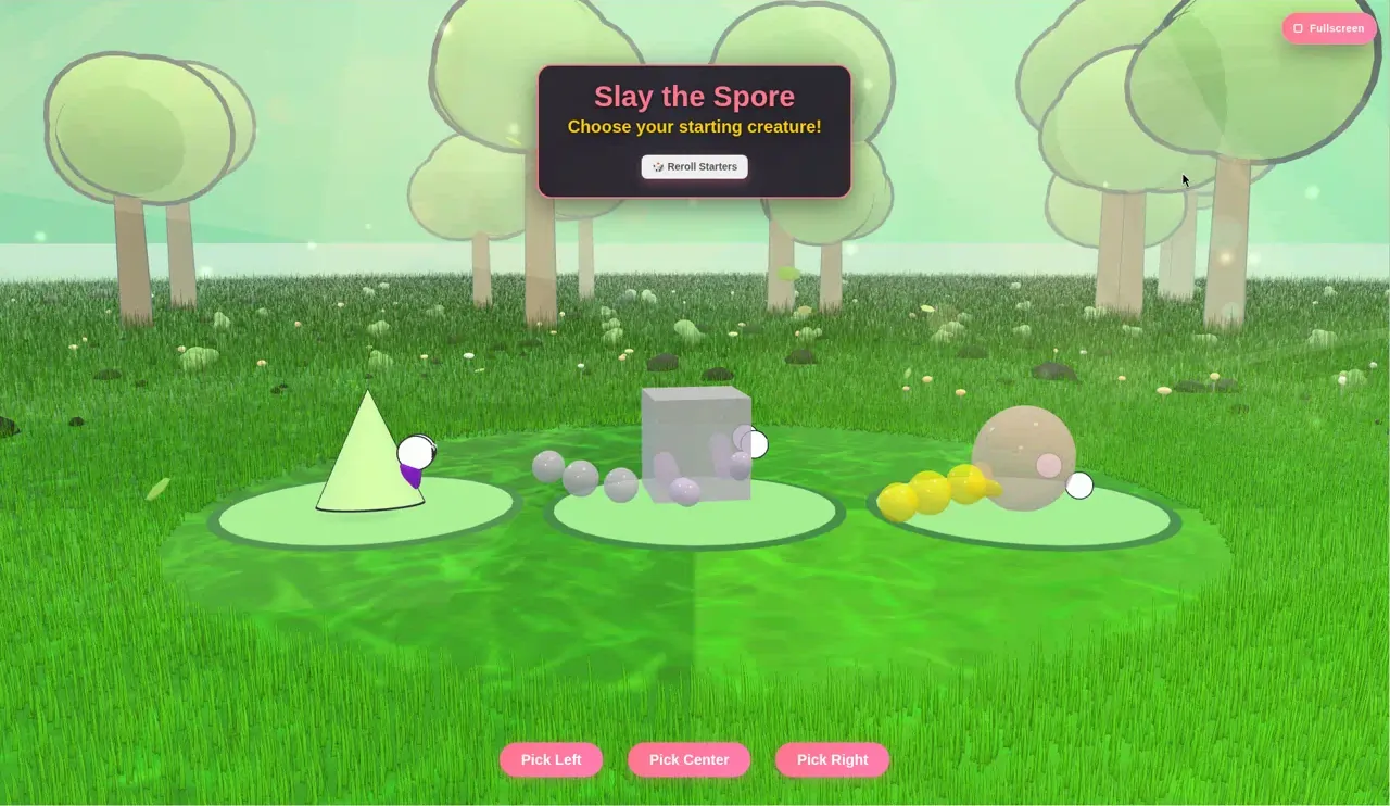 Slay the Spore creature pick: three starters on green pads under Choose your starting creature