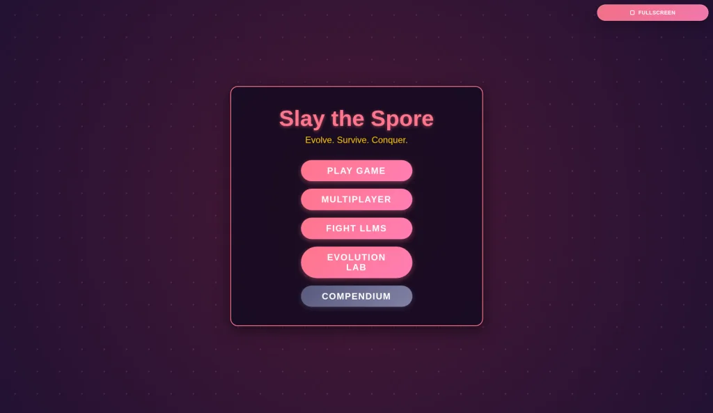 Slay the Spore title menu: PLAY GAME, MULTIPLAYER, FIGHT LLMS, EVOLUTION LAB, COMPENDIUM on a dark purple grid