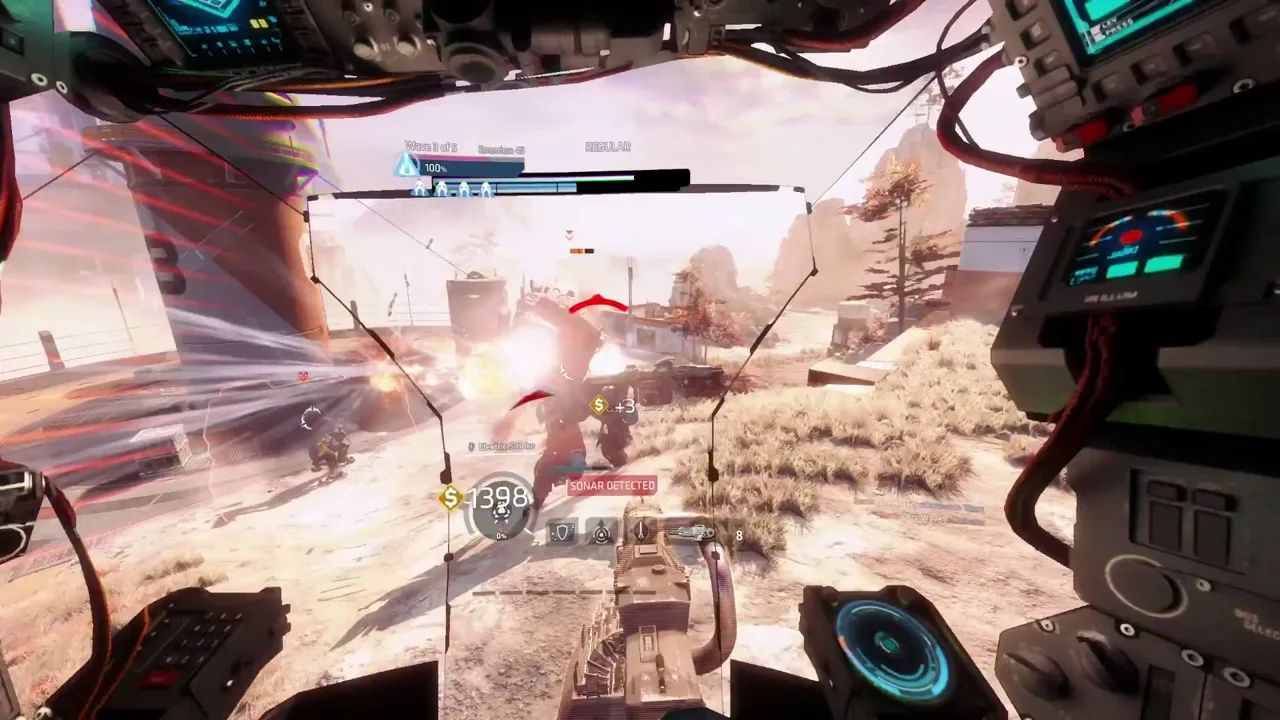 Titan cockpit view over a desert battlefield, with glowing cockpit screens framing an enemy Titan and an explosion ahead